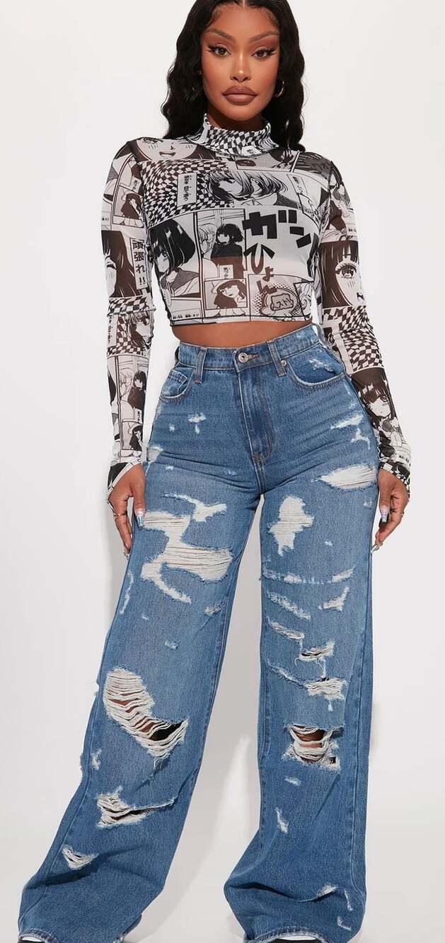 Fashion Nova In Your Eyes Anime Mesh Long Sleeve Mock Neck Crop Top